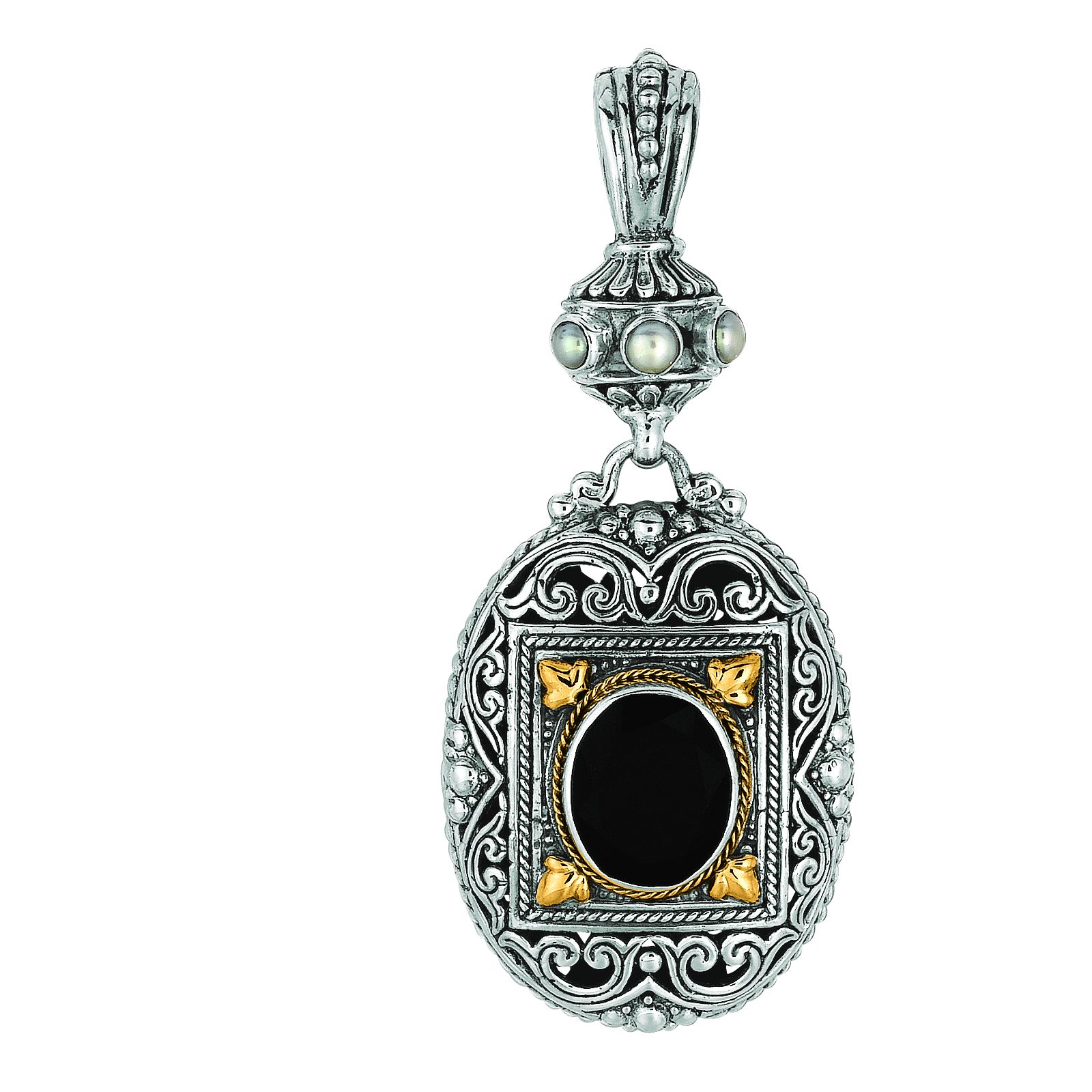 18K Yellow Gold & Sterling Silver Byzantine Pendant/Enhancer with Black