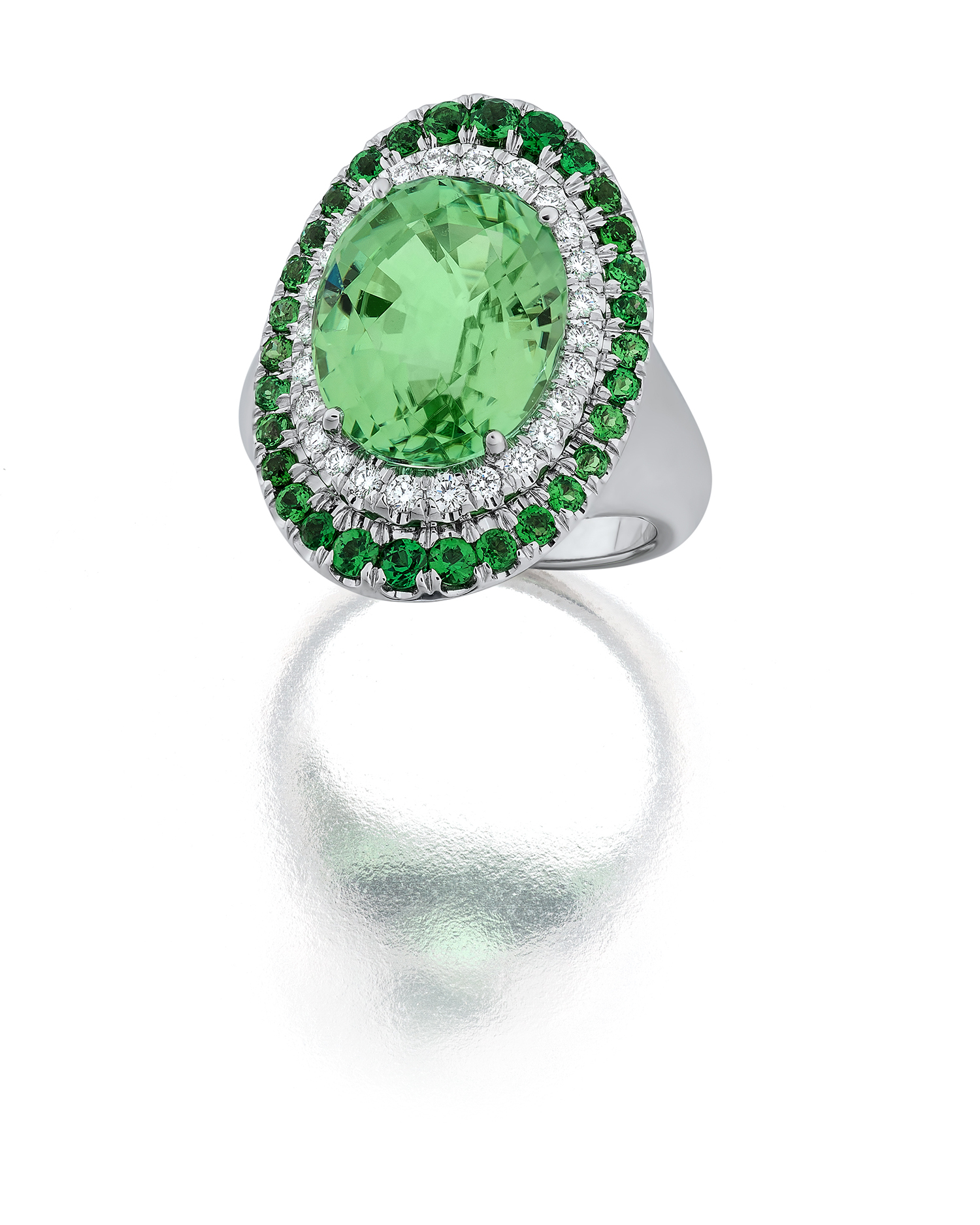 Mint Tourmaline Diamond and Tsavorite Garnet White Gold Ring