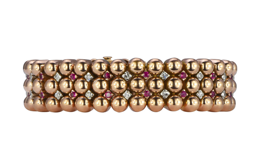 Retro Ruby and Diamond 18k Rose Gold Bracelet