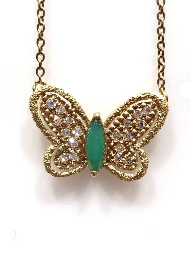 Van Cleef & Arpels Cabochon Chrysoprase and Diamond Gold Butterfly Necklace