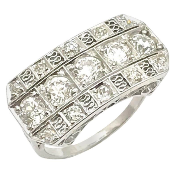 Art Deco Old European Cut Diamond Three-Row Platinum Ring