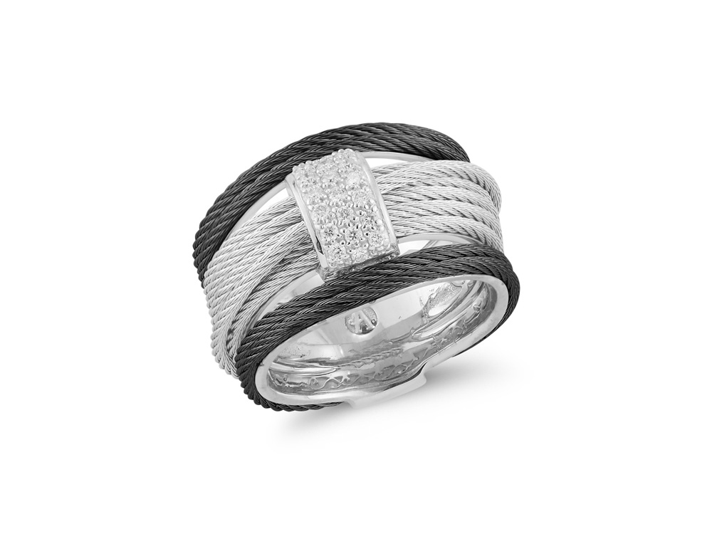 Alor Black Grey Cable Simple Stack Ring with 18kt White Gold Diamonds