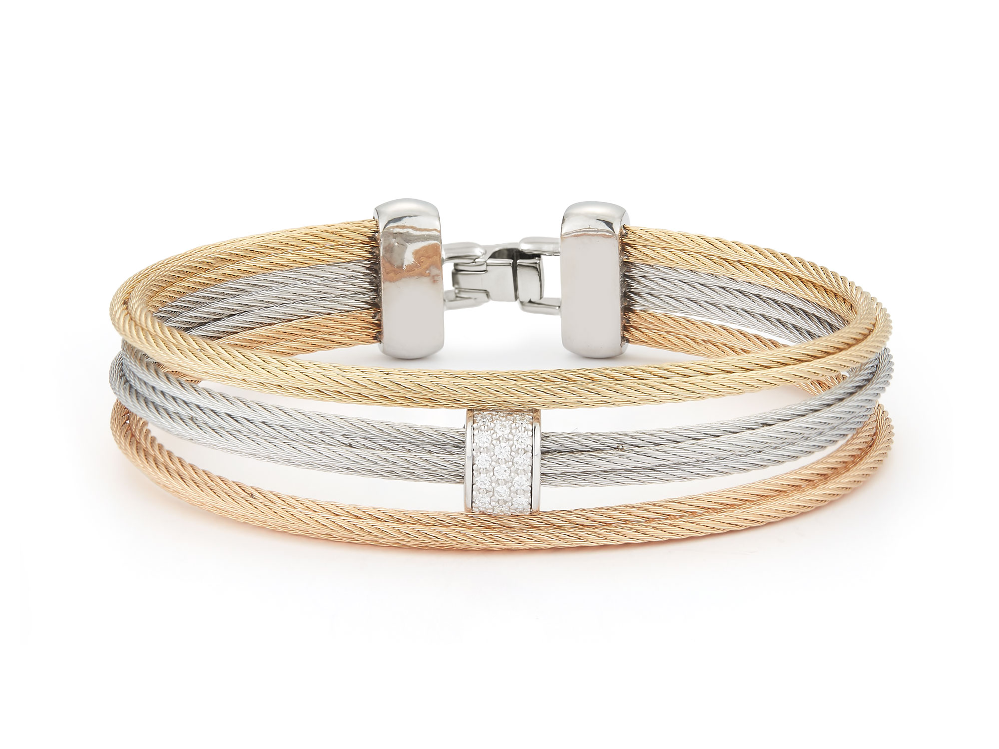 Alor Rose Yellow Grey Cable Small 3 Row Simple Stack Bracelet with 18kt White Gold Diamonds
