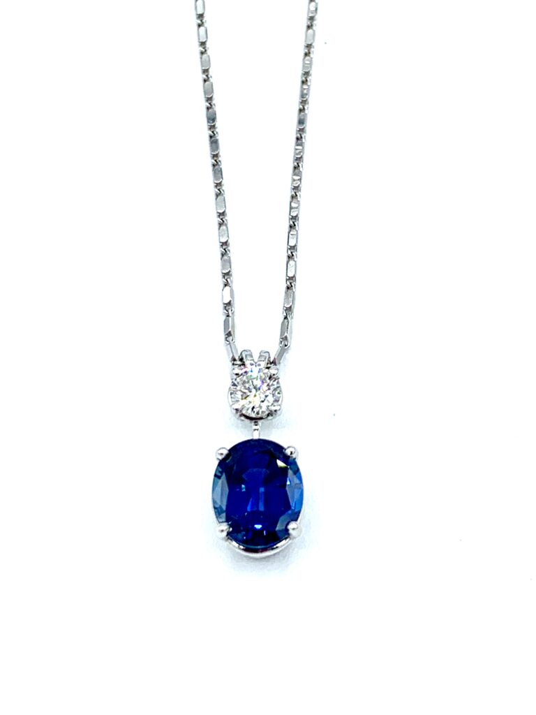 3.74 Carat No Heat Oval Sapphire and Round Brilliant Diamond Pendant Necklace