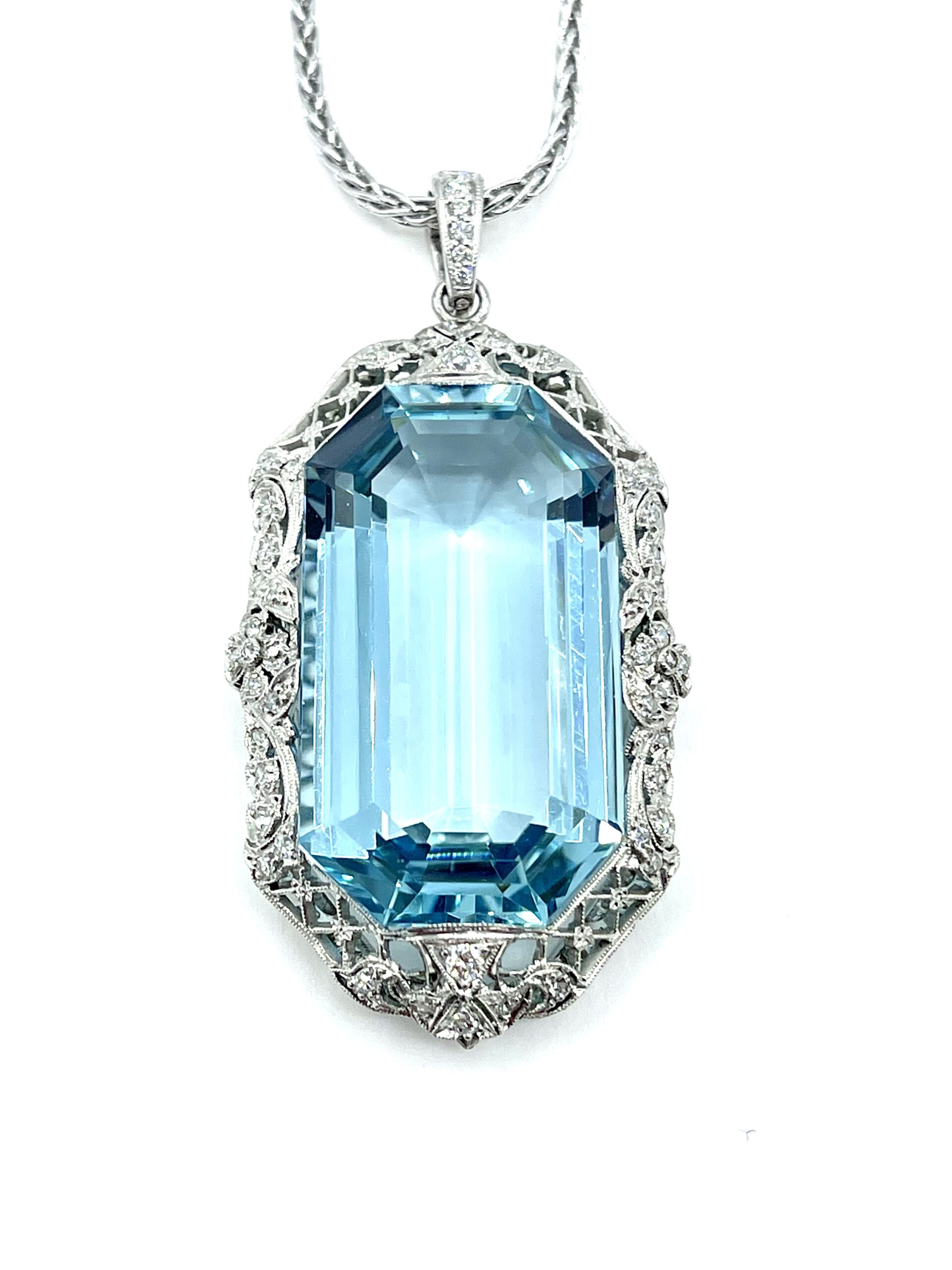 Special Platinum Necklace with Drop Aquamarine Centre and Diamonds For Sale  at 1stDibs