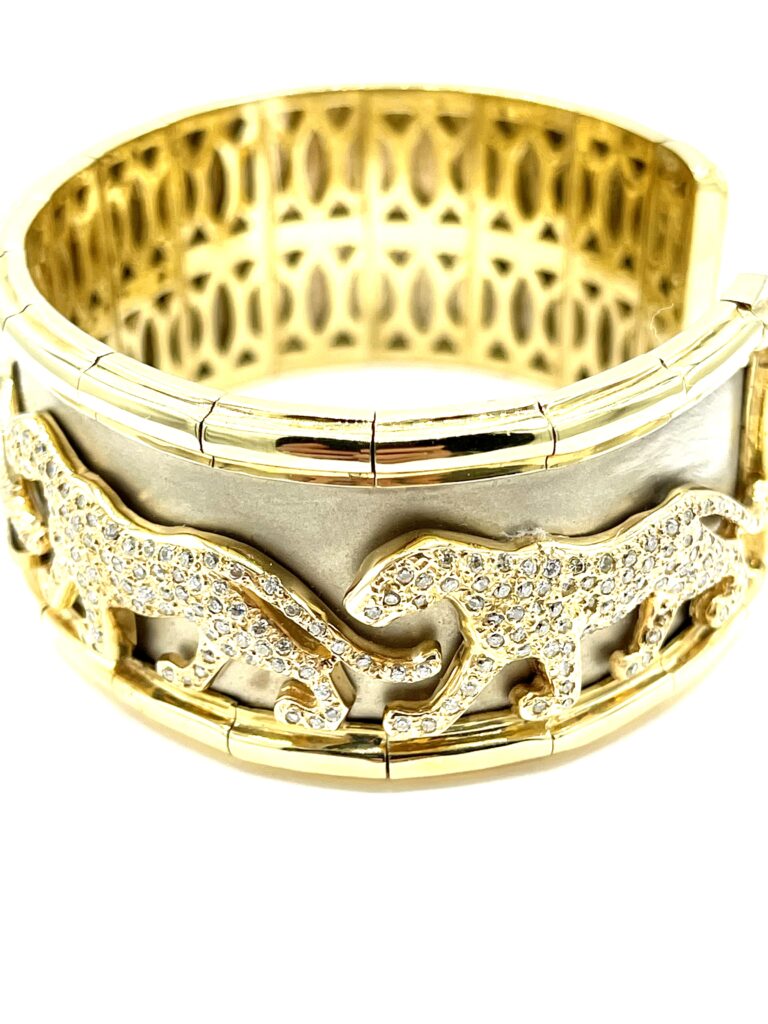 6.10 Carat Pave Diamond 18K Yellow and White Panther Cuff