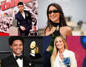 Nick Jonas, Trevor Noah, Sarah Jessica Parker, and Bella Hadid wearing vintage brooch pins